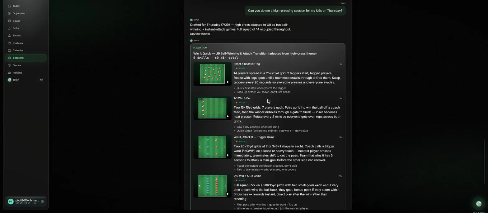 The 4CM session planner: the coach has asked "Can you do me a high-pressing session for my U9s on Thursday?", and the Brain has replied that it adapted the high press for under-9s into ball-winning and instant-attack games keeping all 14 players occupied — followed by a session-plan card titled "Win It Quick — U9 Ball-Winning & Attack Transition (adapted from high-press theme)" listing five drills, each with a pitch diagram, a duration and coaching points.