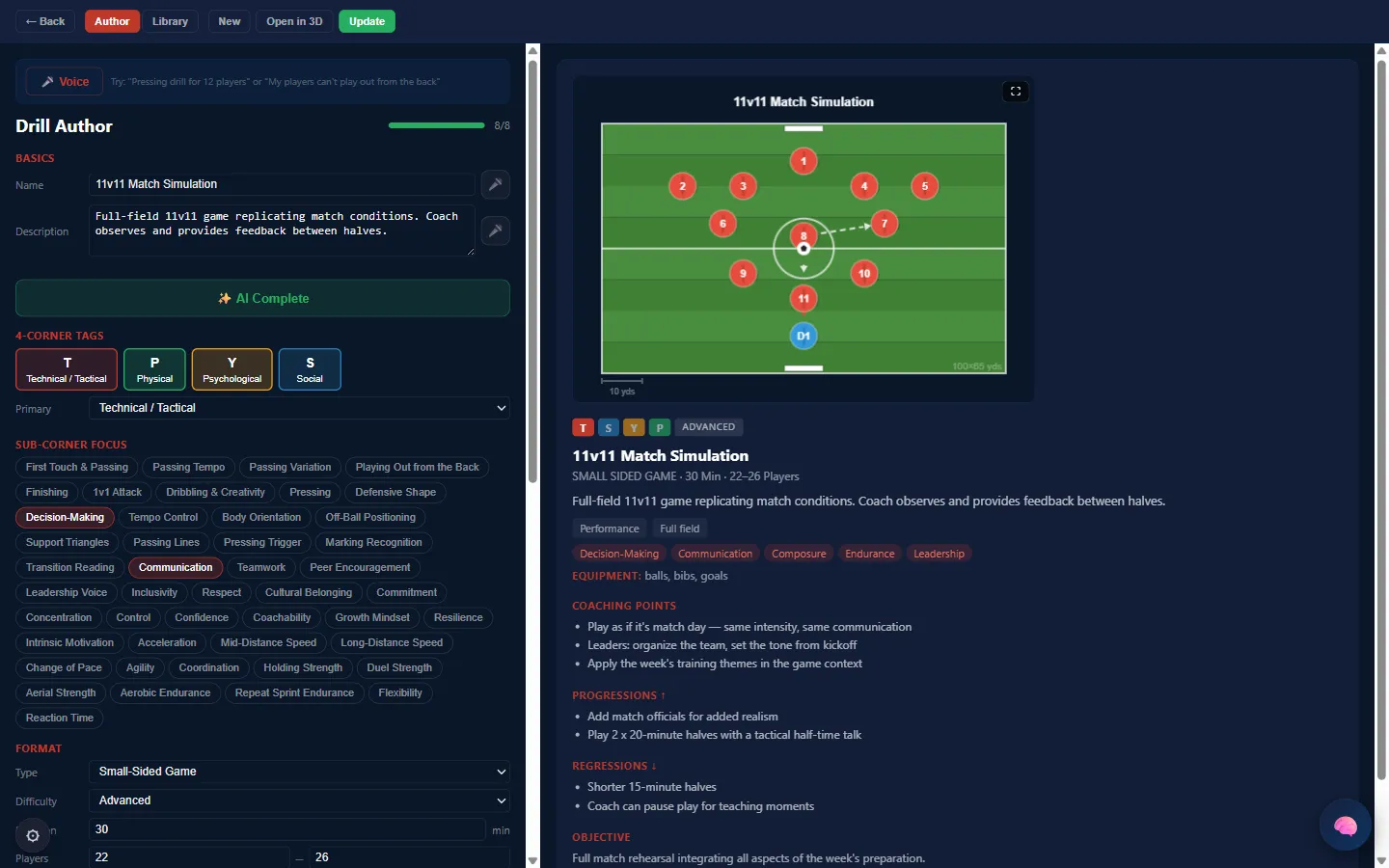 The drill author, showing a drill with its four-corner tags, coaching points, progressions and regressions.