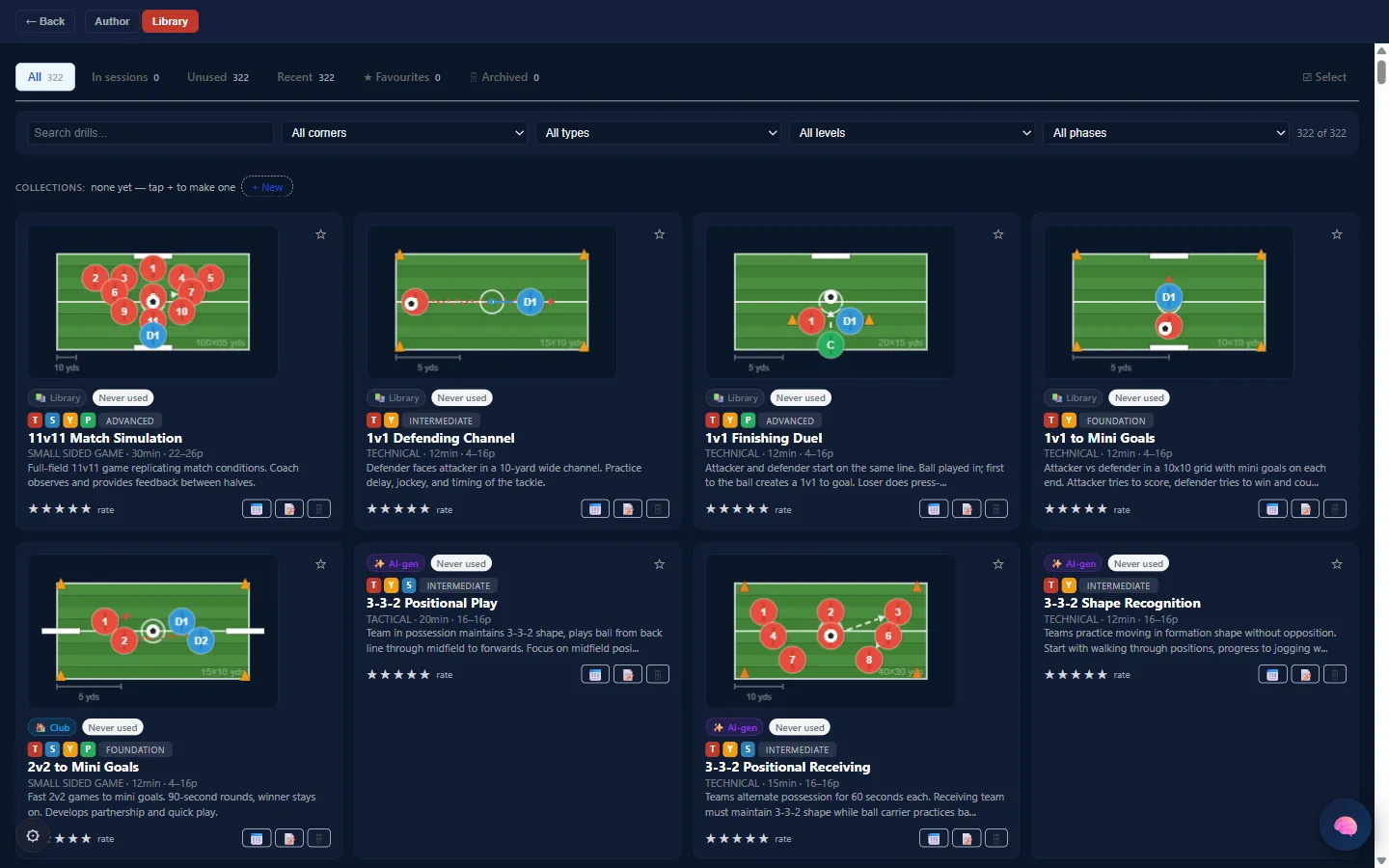 The drill library, filtered by corner, type, level and phase of play, showing corner-tagged drill cards.