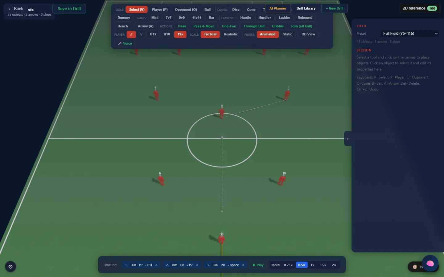A 3D pitch with animated player models and a timeline of passes and runs beneath it.